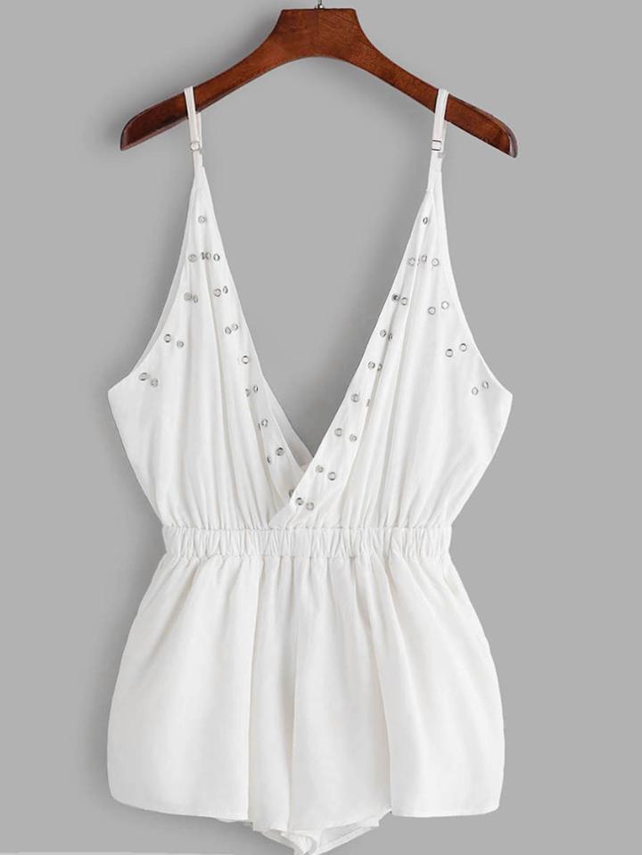 Romwe White Deep V Neck Metal Eyelet Romper