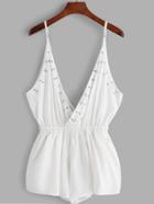 Romwe White Deep V Neck Metal Eyelet Romper