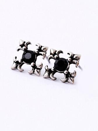 Romwe Black Gemstone Retro Silver Stud Earrings