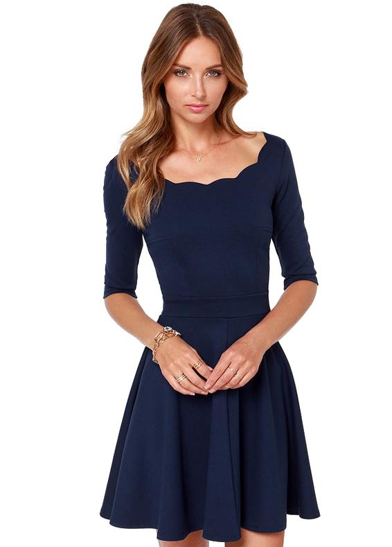 Romwe Half Sleeve Pleated Blue Dress