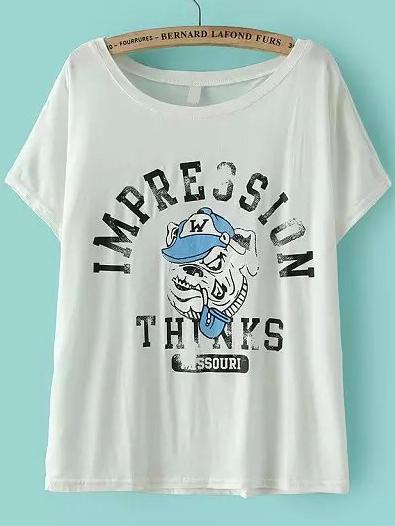 Romwe Dog Letter Print White T-shirt