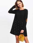 Romwe Pearl Beading Elbow Patch Tee Dress
