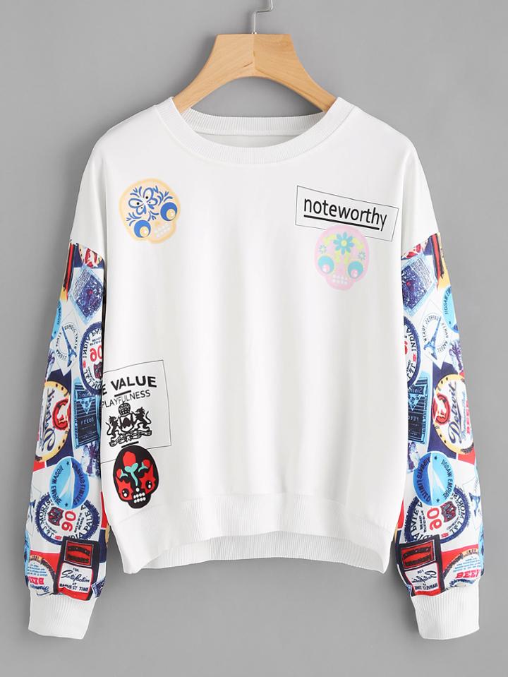 Romwe Contrast Sleeve Graphic Print Sweatshirt