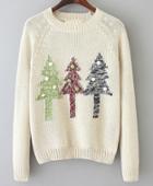 Romwe Christmas Tree Print Knit White Sweater