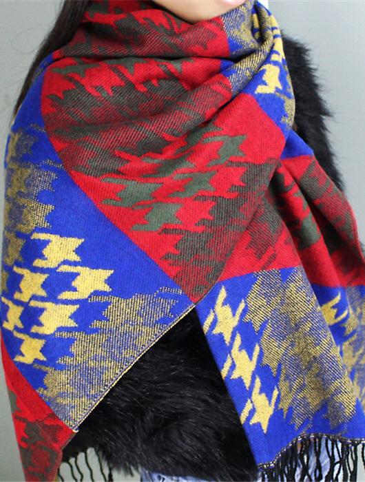 Romwe Tassel Geometric Print Blue Scarf