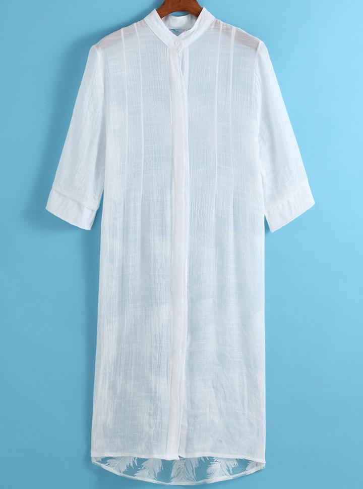 Romwe Stand Collar Feather Pattern Blouse