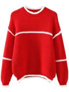 Romwe Red Striped Trim Loose Sweater