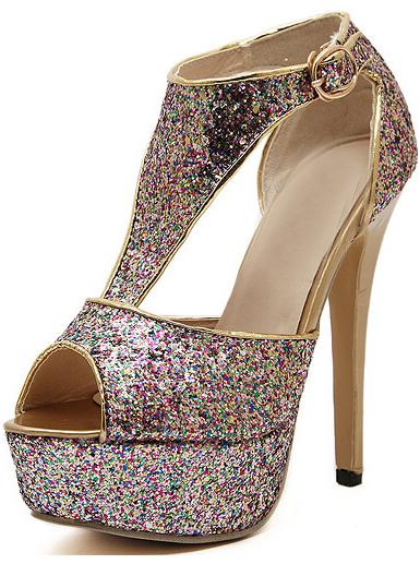 Romwe Gold Platform Buckle Strap High Heeled Peep Toe Pumps