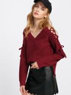 Romwe V Neckline Lace Up Sleeve Split Side Sweater