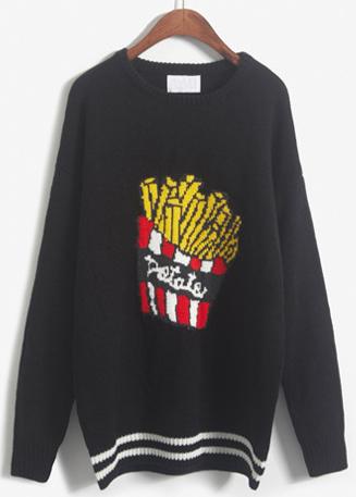 Romwe French Fries Print White Sweater