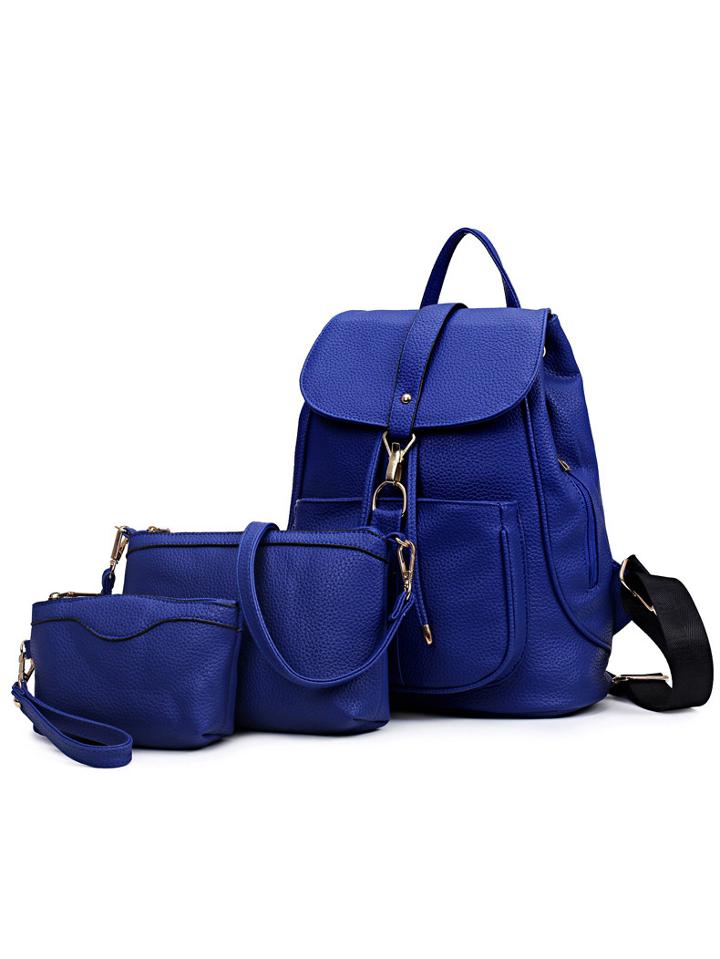 Romwe Embossed Faux Leather 3pcs Bag Set - Blue