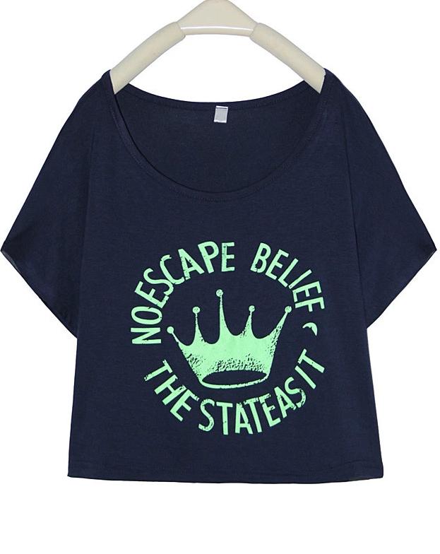 Romwe Navy Short Sleeve Imperial Crown Print T-shirt