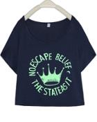 Romwe Navy Short Sleeve Imperial Crown Print T-shirt