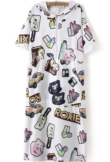 Romwe Hooded With Zipper Car Print White Dress