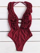 Romwe Red Ruffle Plunge Neck Sexy Monokini