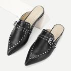 Romwe Studded And Buckle Detail Flat Mules