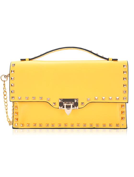 Romwe Yellow With Rivet Twist Lock Chain Shoulder Bag