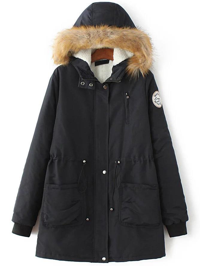 Romwe Black Patch Detail Drawstring Waist Hooded Coat