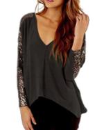 Romwe V Neck High Low Sequined Brown T-shirt