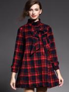 Romwe Red Stand Collar Long Sleeve Bow Check Print Coat