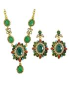 Romwe Green Rhinestone Pendant Necklace Drop Earrings Fashion Jewelry Set
