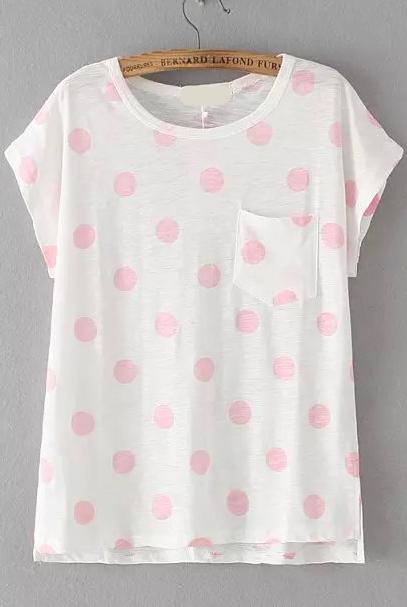 Romwe With Pocket Polka Dot Pink T-shirt