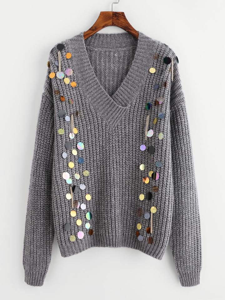 Romwe Sequin And Chain Embellished V Neck Jumper