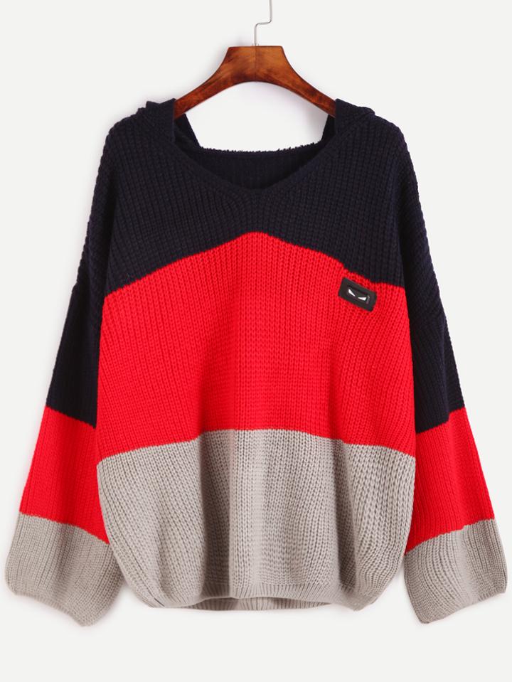 Romwe Color Block Dropped Shoulder Seam Patch Hooded Sweater