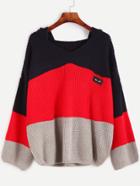 Romwe Color Block Dropped Shoulder Seam Patch Hooded Sweater