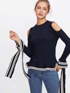 Romwe Striped Hem And Bell Cuff Knit Top