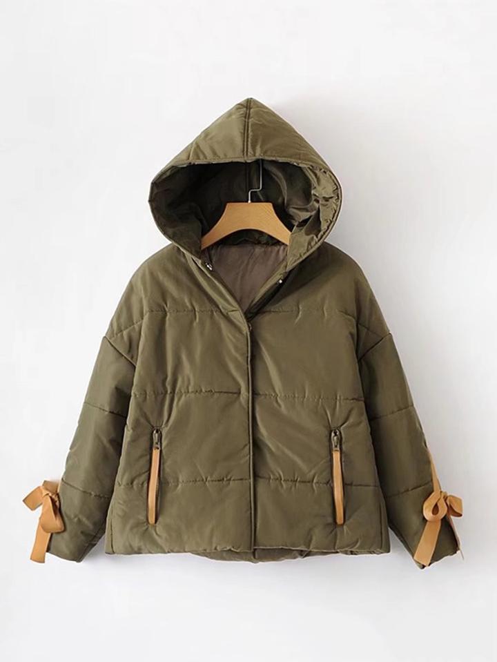 Romwe Contrast Bow Tie Hooded Padded Coat