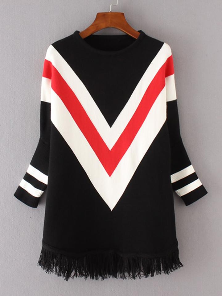 Romwe Chevron Pattern Fringe Hem Longline Sweater