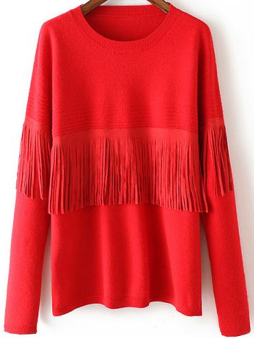 Romwe Crew Neck Fringe Red Sweater