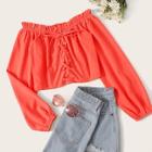 Romwe Solid Ruffle Trim Lace-up Crop Blouse