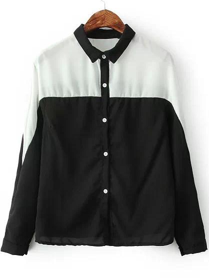 Romwe White And Black Lapel Buttons Loose Blouse