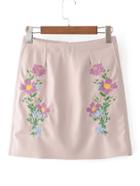 Romwe Flower Embroidery Pu Skirt