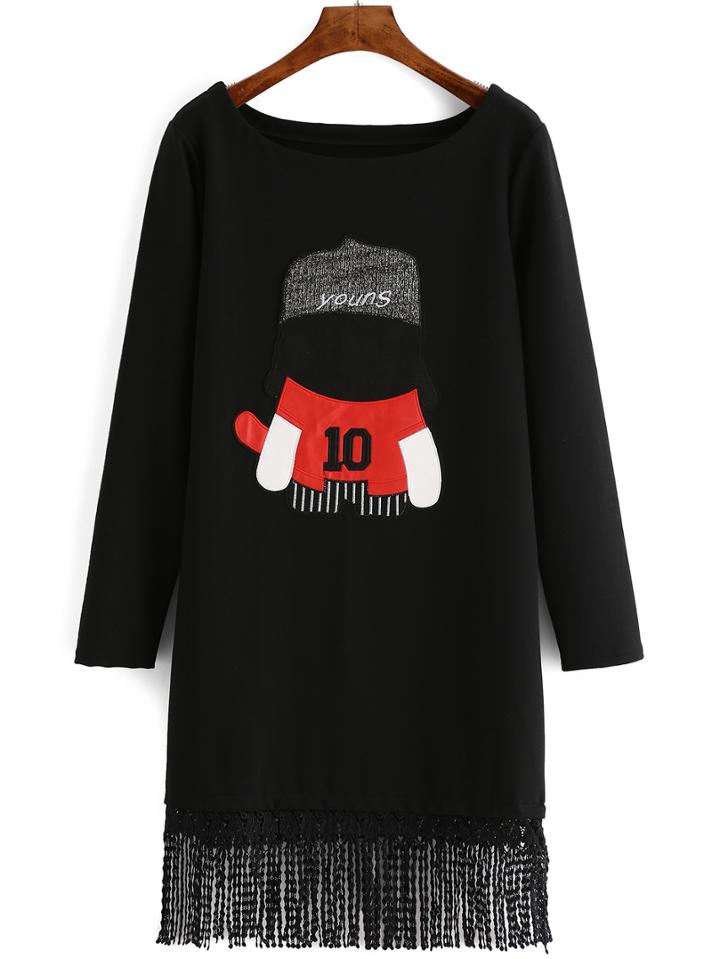 Romwe Fringe Embroidered Patch Tshirt Dress