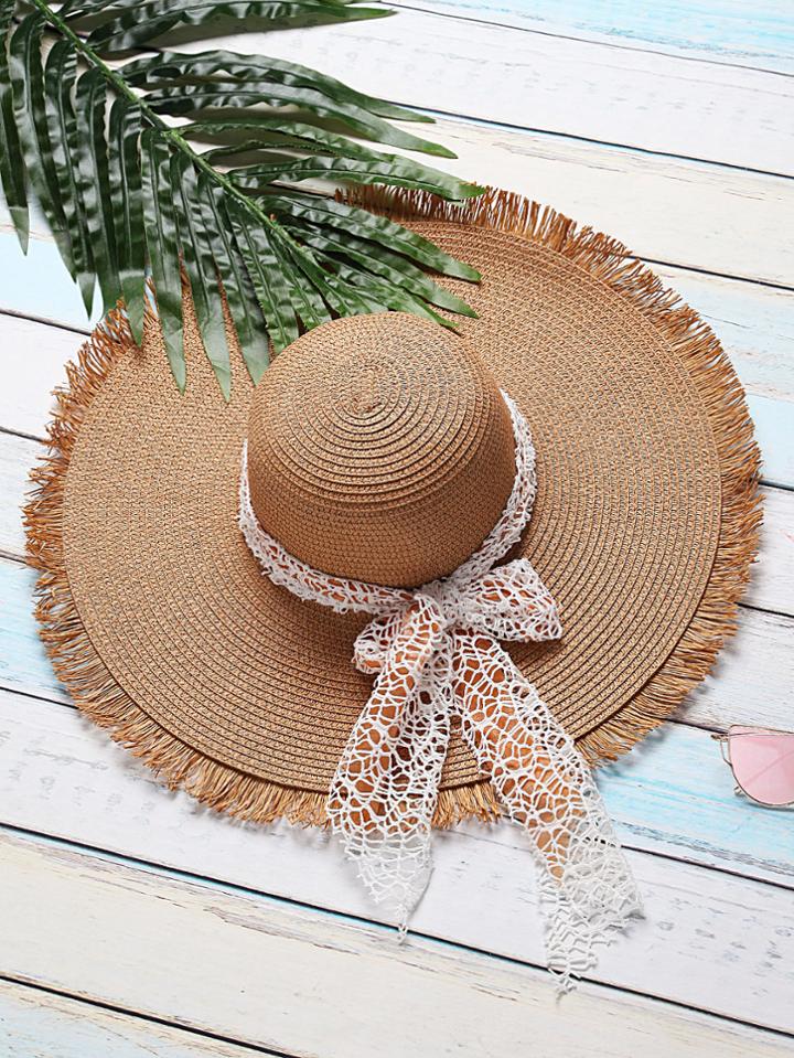 Romwe Khaki Raw Edge Straw Hat With Bow Tie