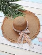Romwe Khaki Raw Edge Straw Hat With Bow Tie