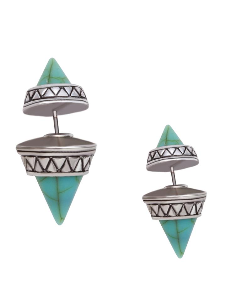 Romwe Antique Silver Geometric Turquoise Stud Earrings