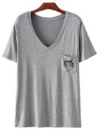 Romwe Light Grey V Neck Cat Print Pocket T-shirt