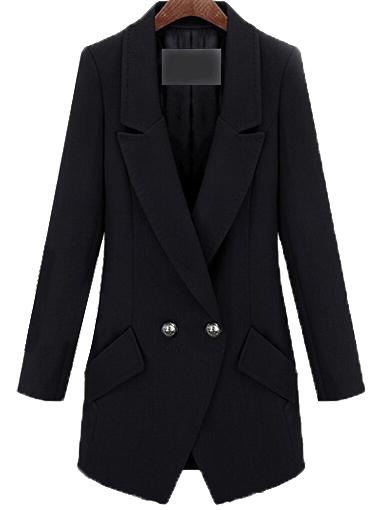 Romwe Lapel Buttons Pockets Slim Black Coat