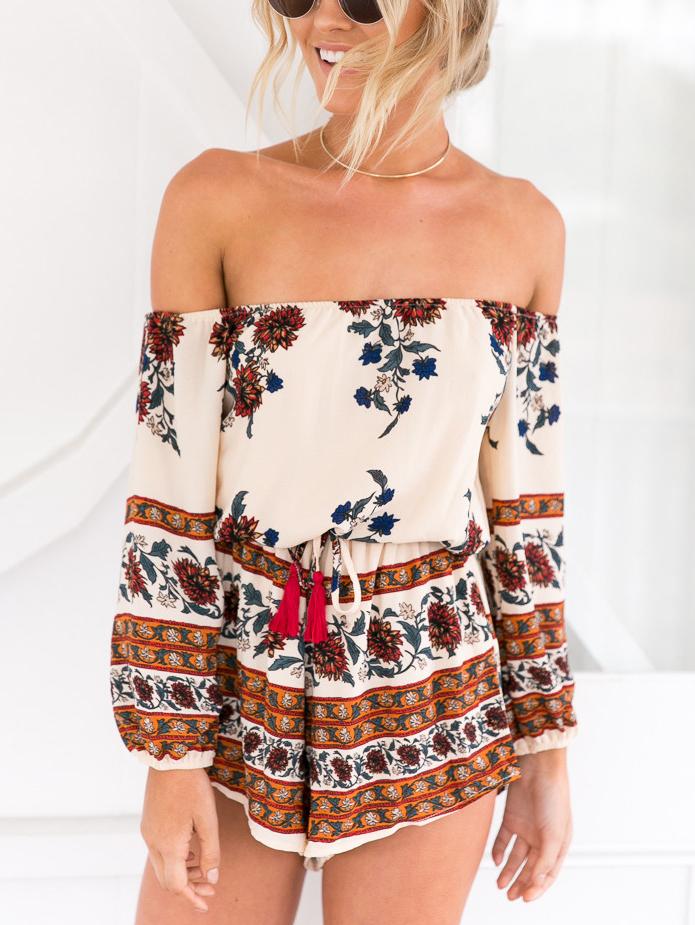Romwe Multicolor Flower Print Off The Shoulder Romper