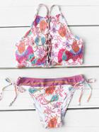 Romwe Mixed Print Criss Cross Neck Side Tie Bikini Set