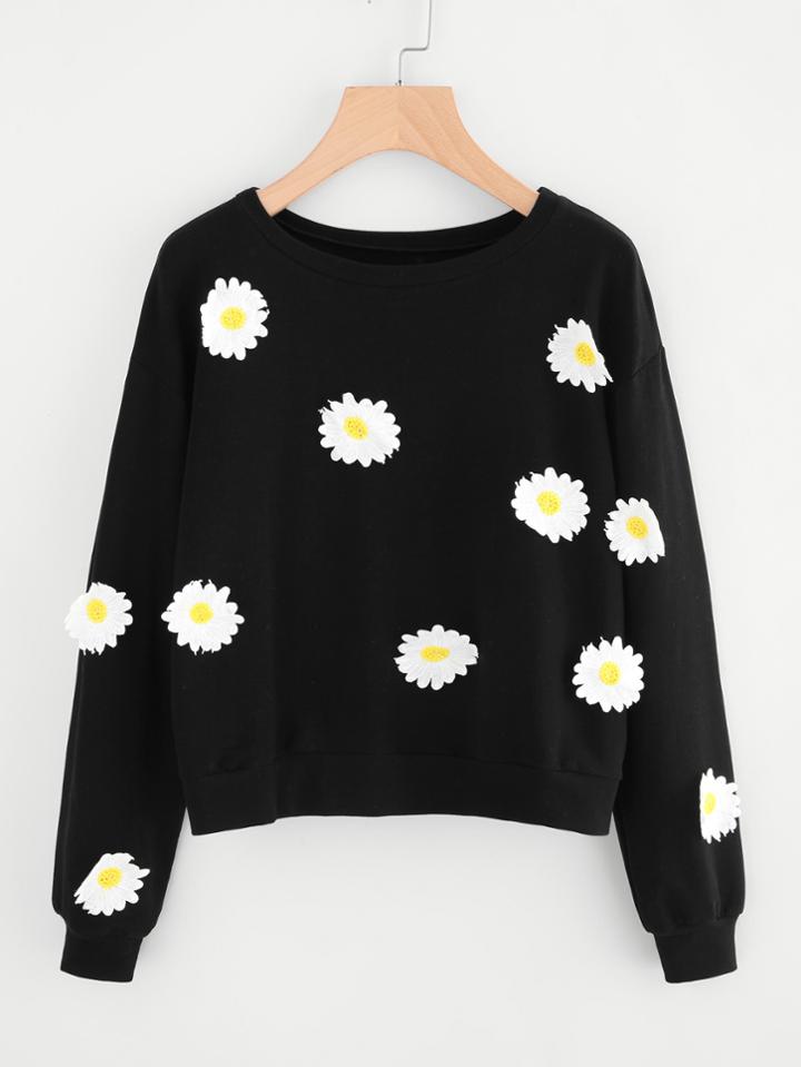 Romwe Flower Embroidered Patch Sweatshirt