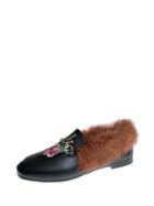 Romwe Rose Embroidered Pu Flats With Faux Fur