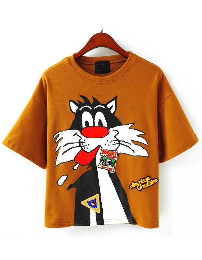 Romwe Tom Cat Print Khaki T-shirt