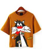 Romwe Tom Cat Print Khaki T-shirt
