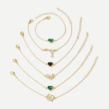 Romwe Heart & Letter Chain Bracelet Set 6pcs