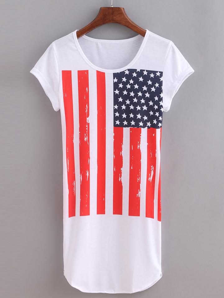 Romwe Stars And Stripes Print Tee Dress - White